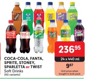 COCA-COLA, FANTA, SPRITE, STONEY, SPARLETTA or TWIST Soft Drinks (All variants) 24x440 ml 