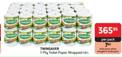 TWINSAVER 1-Ply Toilet Paper Wrapped  48's 