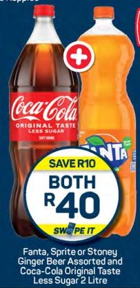 Coca-Cola Original Taste Less Sugar 2 Litre and Fanta, Sprite or Stoney Ginger Beer Assorted 2 Litre