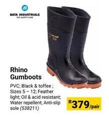 Rhino Gumboots; PVC; Black & toffee; Sizes 5 – 12; Feather light; Oil & acid resistant; Water repellent; Anti-slip sole