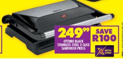 OTTIMO BLACK STAINLESS STEEL 2-SLICE SANDWICH PRESS