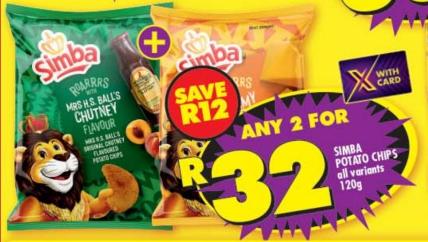 Any 2 SIMBA POTATO CHIPS all variants 120g