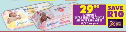 Johnson's Extra Sensitive/Gentle All Over Baby Wipes 56/72 per pack