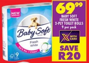 Baby Soft Fresh White 2-Ply Toilet Rolls 9 per pack