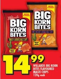 WILLARDS BIG KORN BITES FLAVOURED MAIZE CHIPS 120g Each