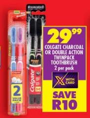 Colgate Charcoal or Double Action Twinpack Toothbrush 2 Per Pack