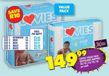 LOVIES VALUE PACK DISPOSABLE NAPPIES 40/42/44/50/56 per pack