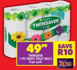 Twinsaver 1-Ply White Toilet Rolls 8 per pack