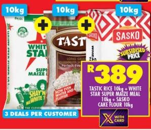 Tastic Rice 10kg + White Star Super Maize Meal 10kg + Sasko Cake Flour 10kg