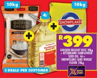 Golden Delight Rice 10kg + Riterband Sunflower Seed Oil 4L + Snowflake Cake Wheat Flour 10kg