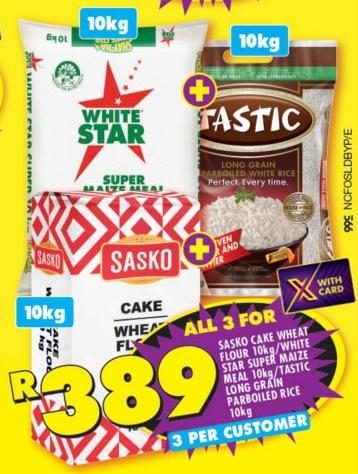 Sasko Cake Wheat Flour 10kg /White Star Super Maize Meal 10kg /Tastic Long Grain Parboiled Rice 10kg