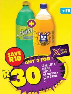 Any 2 Spar-letta/Lemon Twist/Granadilla Soft Drink 2L