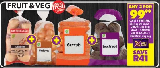 Freshmark Class 1 Butternut 3kg bag or Class 1 Onions 3kg bag or Class 1 Carrots 3kg bag or Class 1 Beetroot 3kg bag