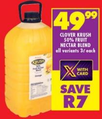 Clover Krush 50% Fruit Nectar Blend All Variants 3L Each