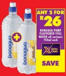 Any 2 Bonaqua Pump Flavoured Still Water all variants 750ml Each