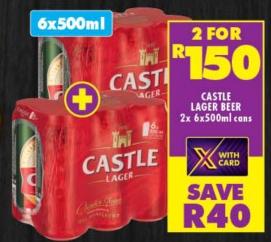 Castle Lager Beer 2x 6x500ml cans