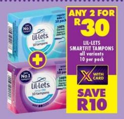 Any 2 Lil-Lets SmartFit Tampons, all variants, 10 per pack