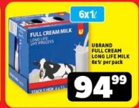 UBRAND Full Cream Long Life Milk 6x1L per pack