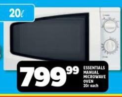 ESSENTIALS MANUAL MICROWAVE OVEN 20L