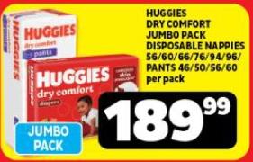 HUGGIES DRY COMFORT JUMBO PACK DISPOSABLE NAPPIES 56/60/66/76/94/96 PANTS 46/50/56/68 per pack