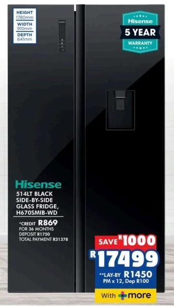 Hisense 514LT Black Side-by-Side Glass Fridge, H670SMIB-WD