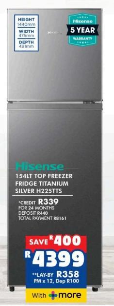 Hisense 154LT Top Freezer Fridge Titanium Silver H225TTS