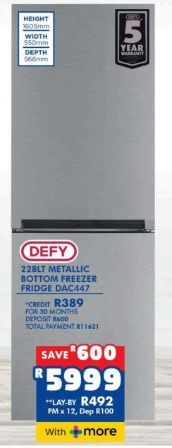 Defy 228LT Metallic Bottom Freezer Fridge DAC447