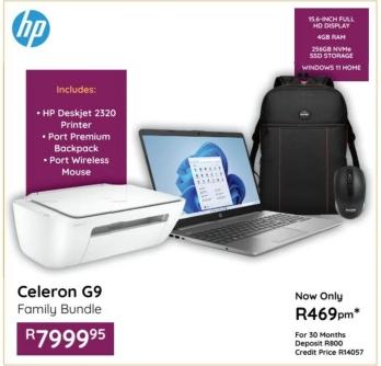 HP Celeron G9 Family Bundle includes HP Deskjet 2320 Printer, Port Premium Backpack, Port Wireless Mouse, 15.6-inch Full HD Display, 4GB RAM, 256GB NVMe SSD Storage, Windows 11 Home