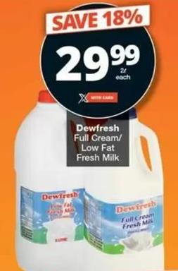 Dewfresh Full Cream/ Low Fat Fresh Milk 2L