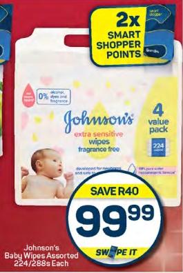 Johnson's Baby Wipes Assorted 224/288s Each