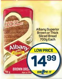 Albany Superior Brown or Thick Sliced Bread 700g Each