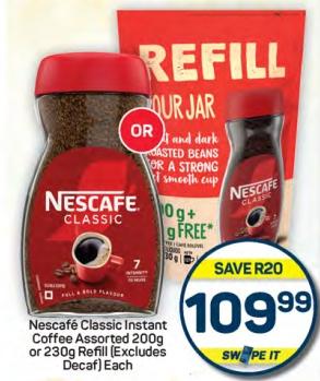 Nescafé Classic Instant Coffee Assorted 200g or 230g Refill (Excludes Decaf) Each 