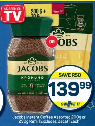 Jacobs Instant Coffee Assorted 200g or 230g Refill (Excludes Decaf) Each