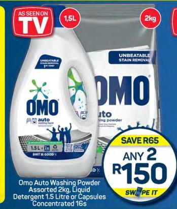 Omo Auto Washing Powder Assorted 2kg, Liquid Detergent 1.5 Litre or Capsules Concentrated 16s Any 2