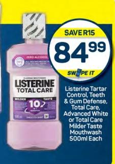 Listerine Tartar Control, Teeth & Gum Defense, Total Care, Advanced White or Total Care Milder Taste Mouthwash 500ml Each