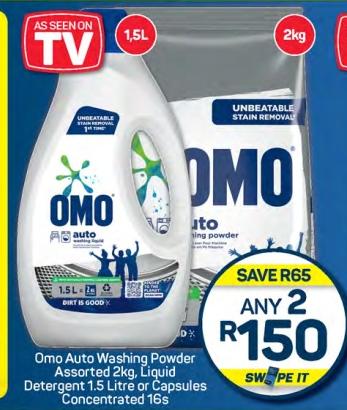 Any 2 Omo Auto Washing Powder Assorted 2kg, Liquid Detergent 1.5 Litre or Capsules Concentrated 16s