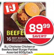 I&J Chickster Chicken or Beefers Beef Burger Patties Assorted 800g Each