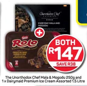 The Unorthodox Chef Mala & Mogodu 250g and 1 x Dairymaid Premium Ice Cream Assorted 1.5 Litre