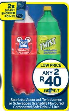 Any 2 Sparletta Assorted, Twist Lemon or Schweppes Granadilla Flavoured Carbonated Soft Drink 2 Litre