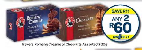 Any 2 Bakers Romany Creams or Choc-kits Assorted 200g