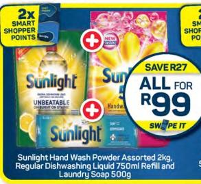 Sunlight Hand Wash Powder Assorted 2kg, Regular Dishwashing Liquid 750ml Refill and Laundry Soap 500g