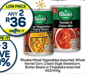 Rhodes Mixed Vegetables Assorted, Whole Kernel Corn, Cream Style Sweetcorn, Butter Beans or Chakalaka Assorted 400/410g Any 2