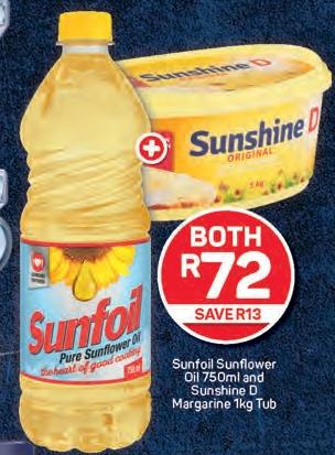 Sunfoil Sunflower Oil 750ml and Sunshine D Margarine 1kg Tub