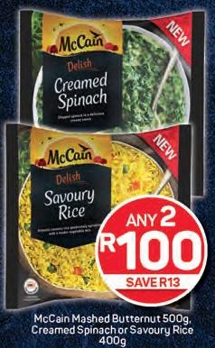 McCain Mashed Butternut 500g, Creamed Spinach or Savoury Rice 400g Any 2