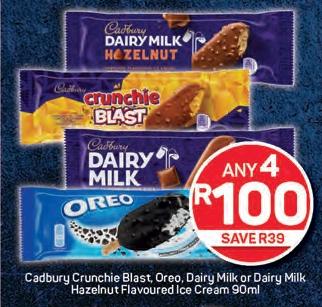 Cadbury Crunchie Blast, Oreo, Dairy Milk or Dairy Milk Hazelnut Flavoured Ice Cream 90ml Any 4