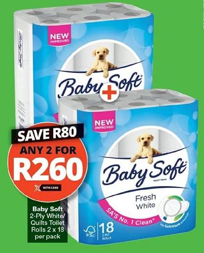 Baby Soft 2-Ply White Quilts Toilet Rolls 2 x 18 per pack Any 2