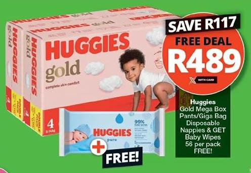 Huggies Gold Mega Box Pants/Giga Bag Disposable Nappies & GET Baby Wipes 56 per pack FREE!