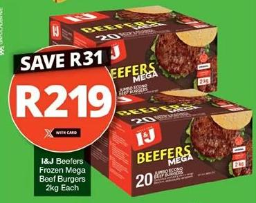 I&J Beefers Frozen Mega Beef Burgers 2kg Each