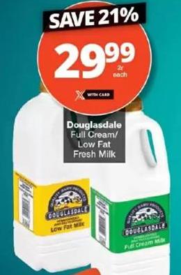 Douglasdale Full Cream /Low Fat Fresh Milk 2L Each