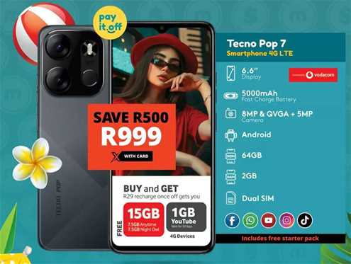 Tecno Pop 7 Smartphone 4G LTE, 6.6" Display, 5000mAh Fast Charge Battery, 8MP & QVGA + 5MP Camera, Android, 64GB ROM, 2GB RAM, Dual SIM, Includes free starter pack